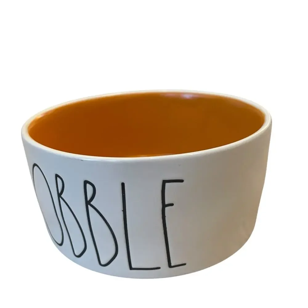 Rae Dunn Artisan Collection Dog Bowl GOBBLE Ceramic 5.5in White Orange NWOT